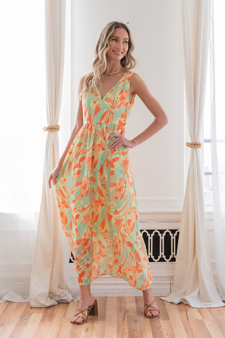 Sew In Love Printed V-Neck Sleeveless Dress - TopFashionHQ