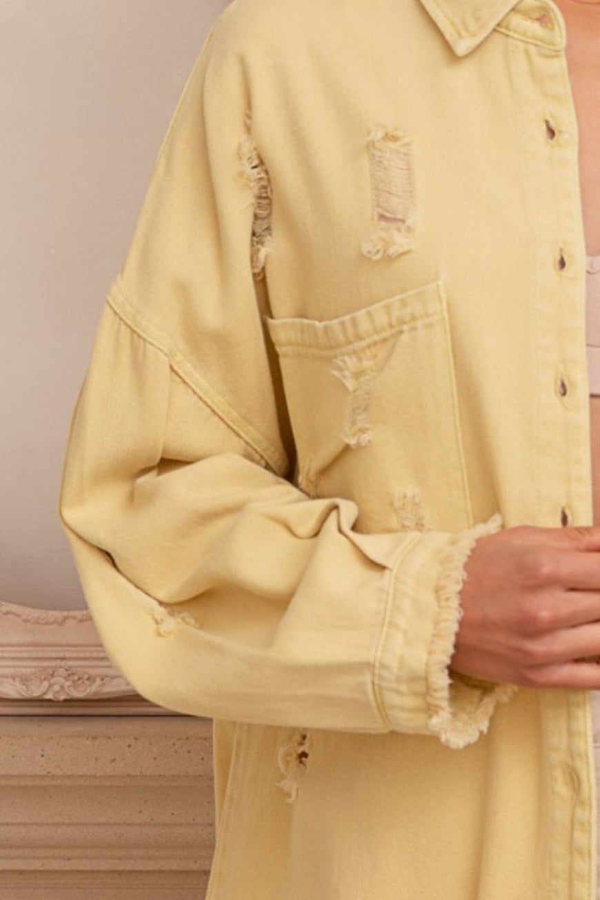 POL Button Down Raw Hem Distressed Shacket - TopFashionHQ