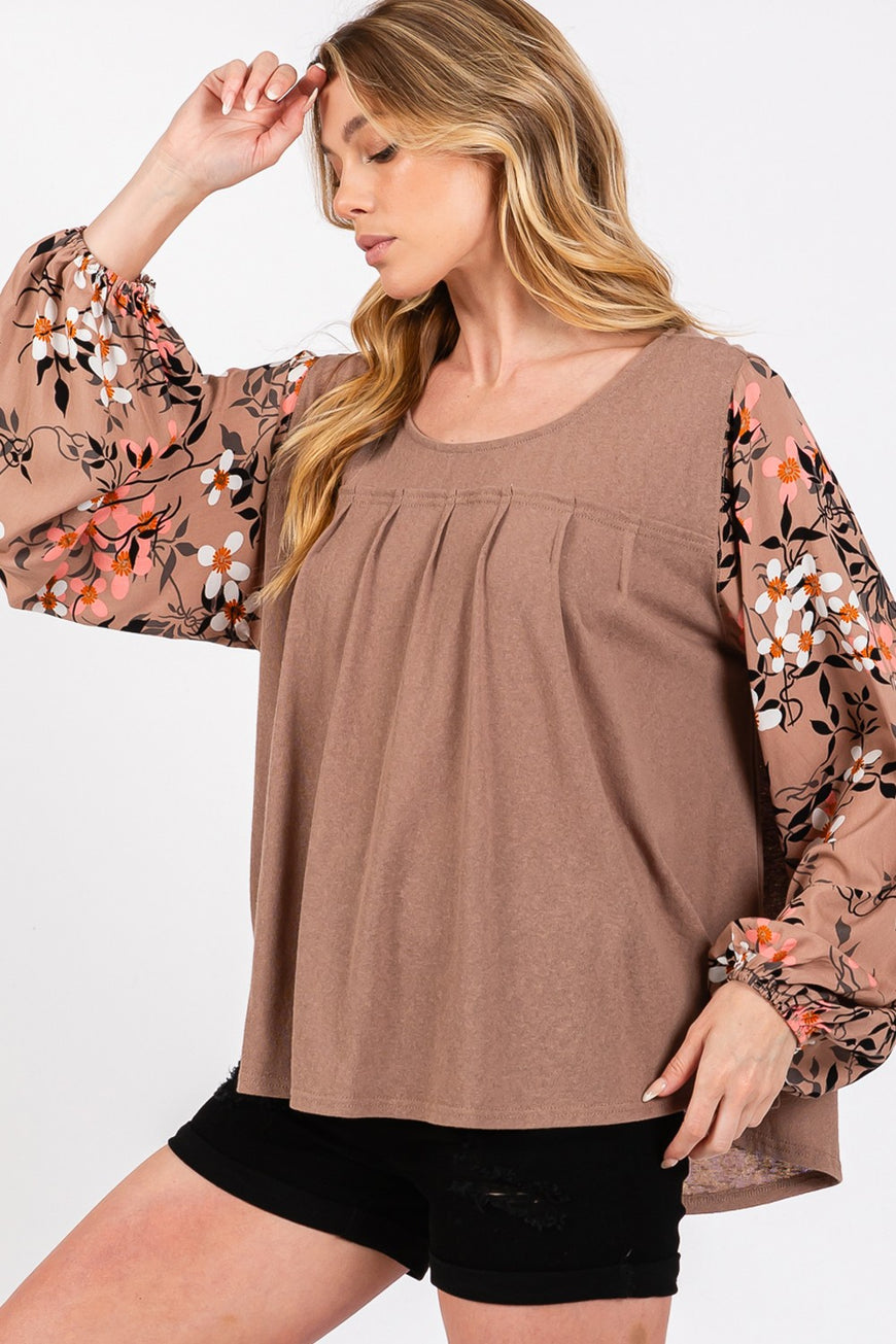 SAGE + FIG Floral Long Sleeve Front Pleated Detail Blouse - TopFashionHQ