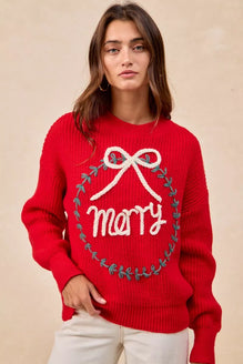BiBi Christmas Wreath Merry Letter Knit Top