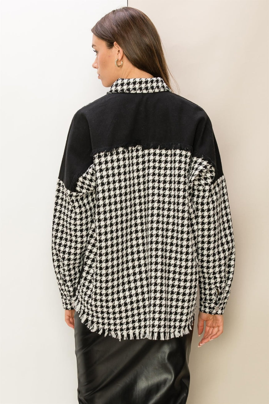 HYFVE Houndstooth Contrast Raw Hem Jacket - TopFashionHQ
