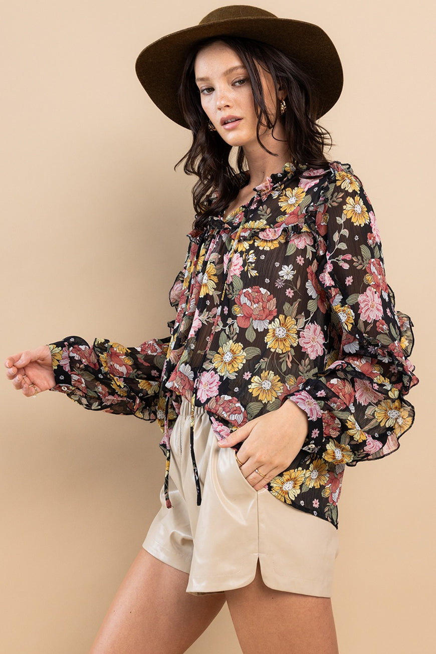 Ces Femme Ruffle Trim Long Sleeve Floral Blouse - TopFashionHQ