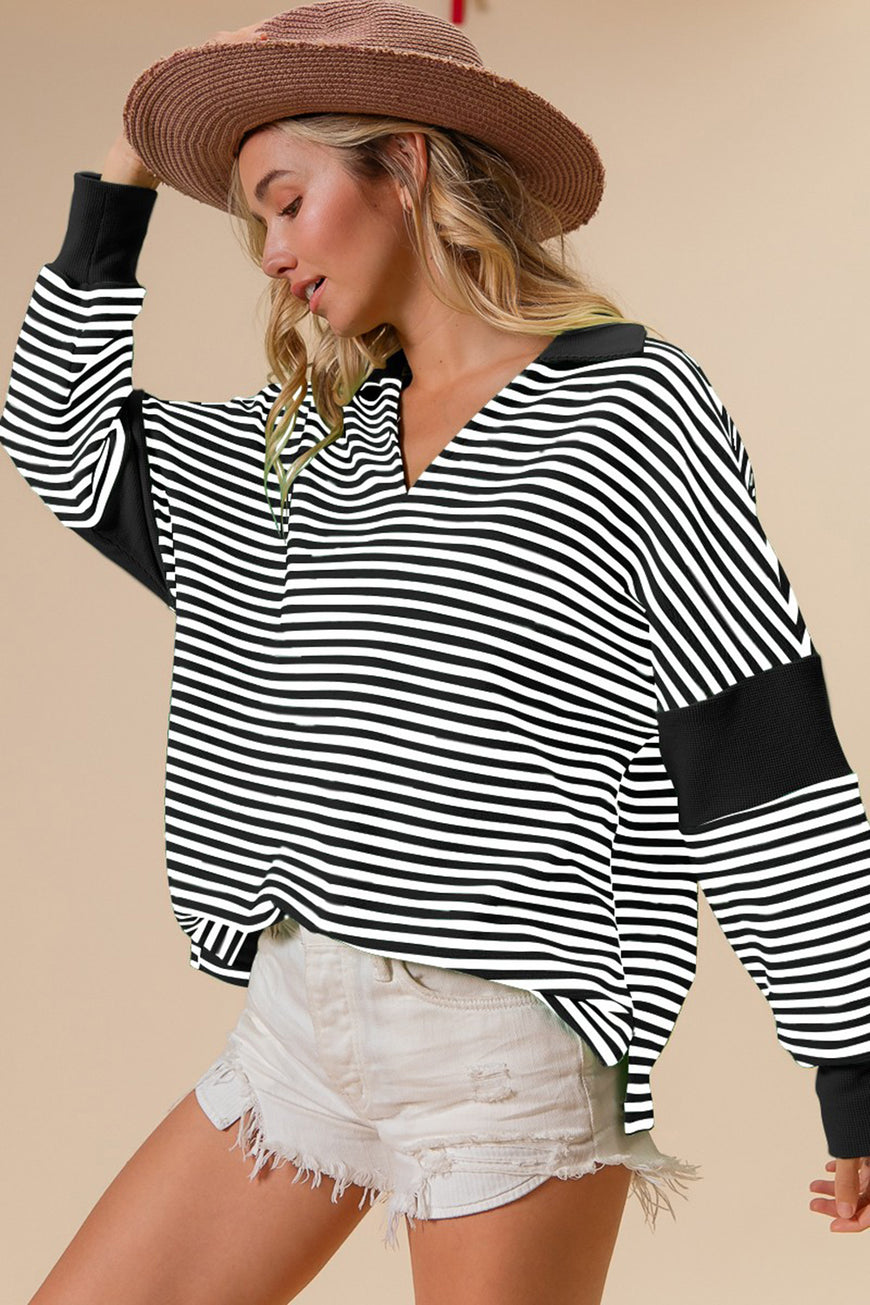 BiBi Striped Contrast Long Sleeve Knit Top - TopFashionHQ