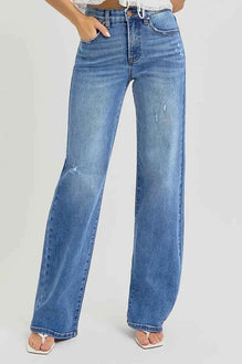 RISEN Full Size Tummy Control Elastic Band High Rise Wide Jeans Plus Size