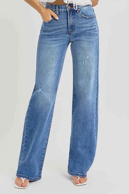 RISEN Full Size Tummy Control Elastic Band High Rise Wide Jeans Plus Size