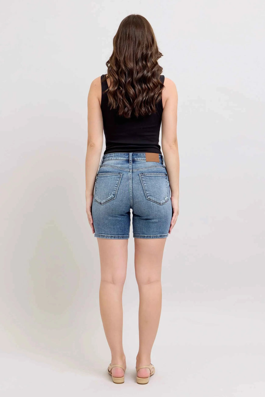 Judy Blue Button Fly Mid Length Denim Shorts W/ Destroy