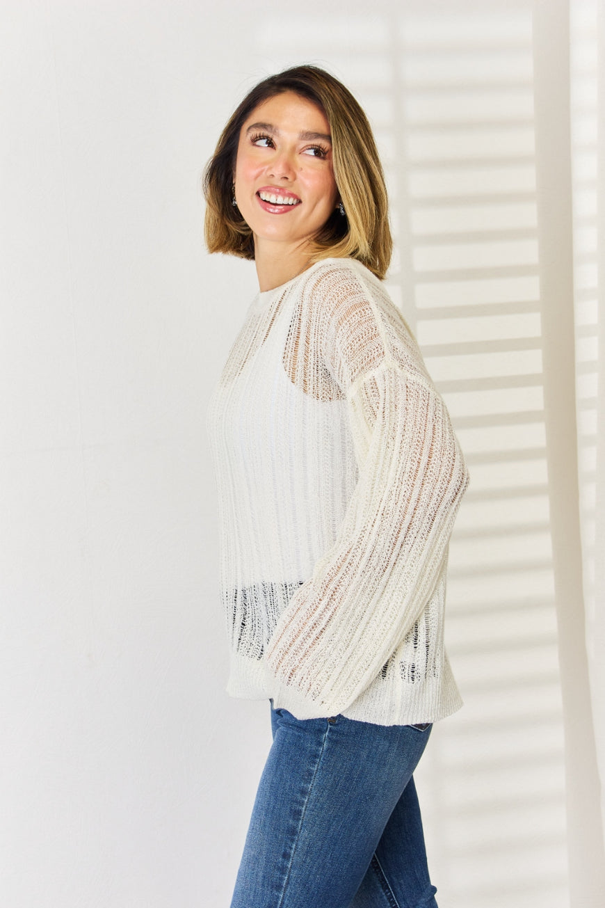 HYFVE Openwork Ribbed Trim Long Sleeve Knit Top - TopFashionHQ