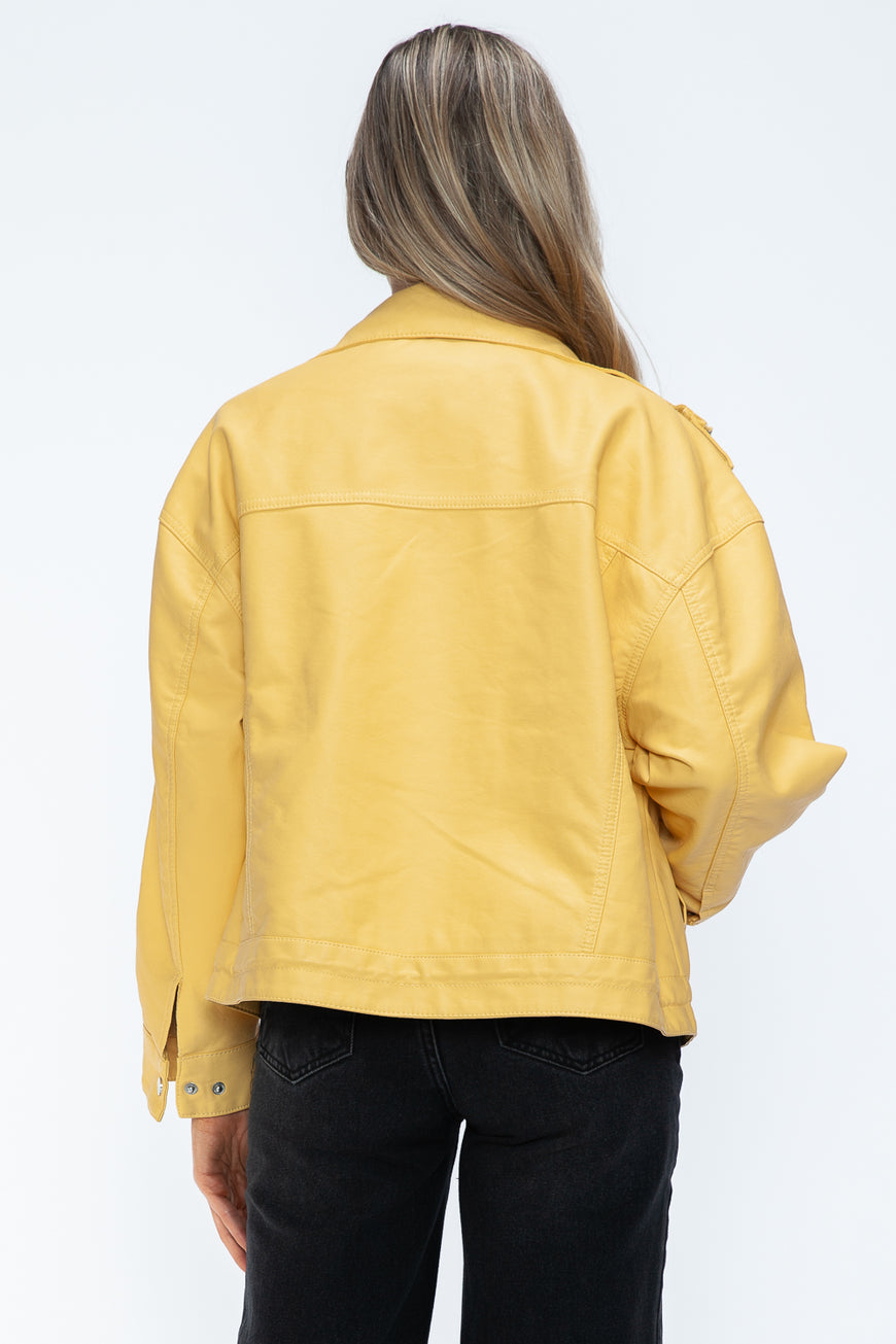 How Dare U Drawstring Hem PU Leather Zip Up Jacket - TopFashionHQ