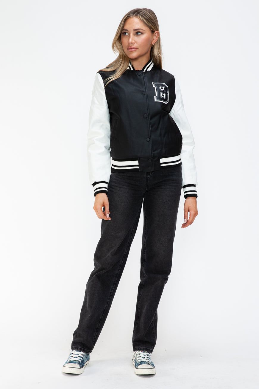 Love Me Now PU Leather Contrast Snap Down Bomber Jacket - TopFashionHQ