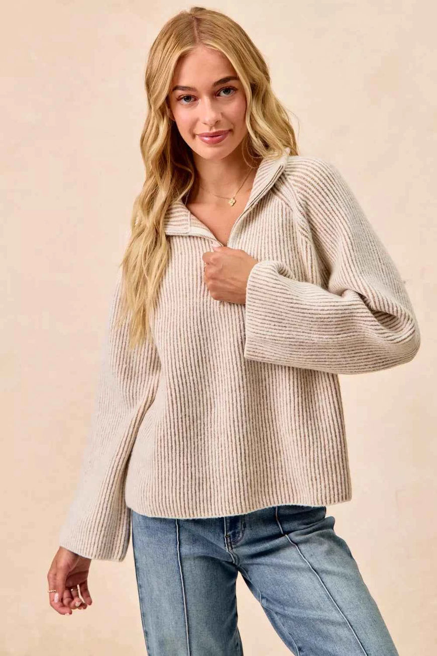 BiBi Two Tone Rib Texured Knit Collared Top with Zip Up