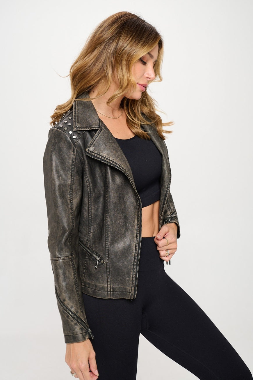 Coalition LA Studded Classic Moto Faux Leather Jacket - TopFashionHQ