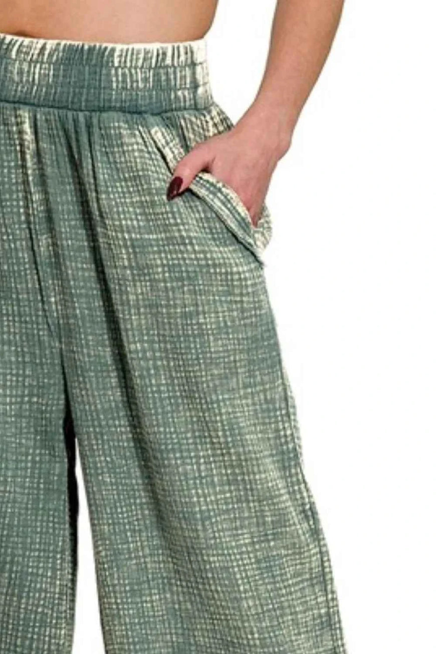 Zenana Washed Double Gauze Elastic Band Waist Pants