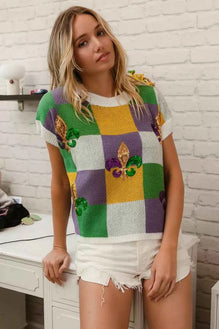 BiBi Sequin Embroidery Mardi Gras Checker Sweater Top