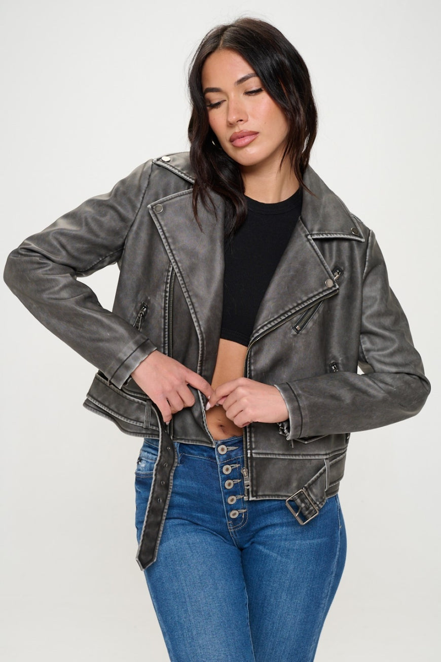 Coalition LA Zip Up Biker Jacket with Belt - TopFashionHQ