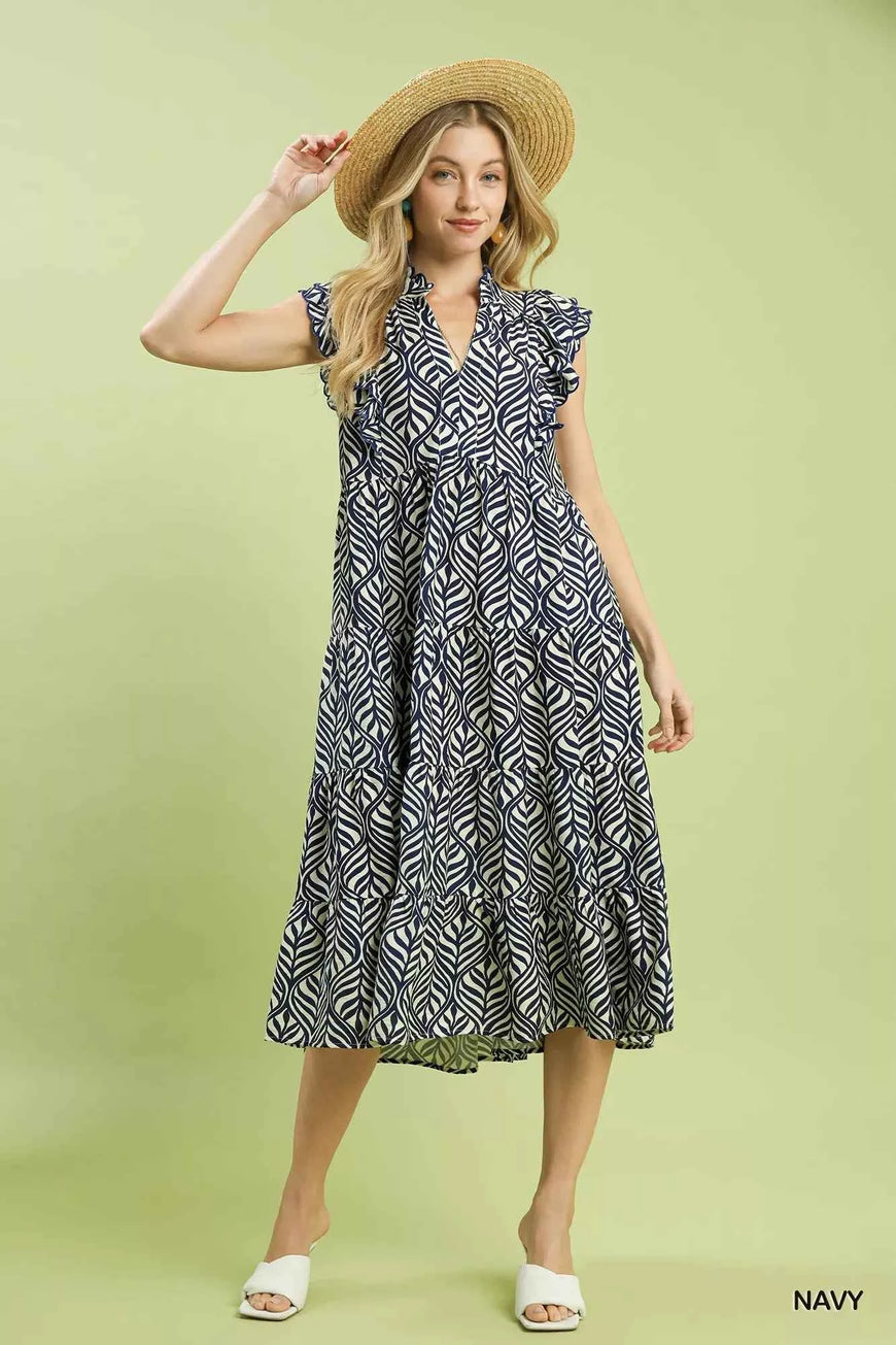 Umgee Leaf Print Tiered Midi Dress with Ruffle Detail