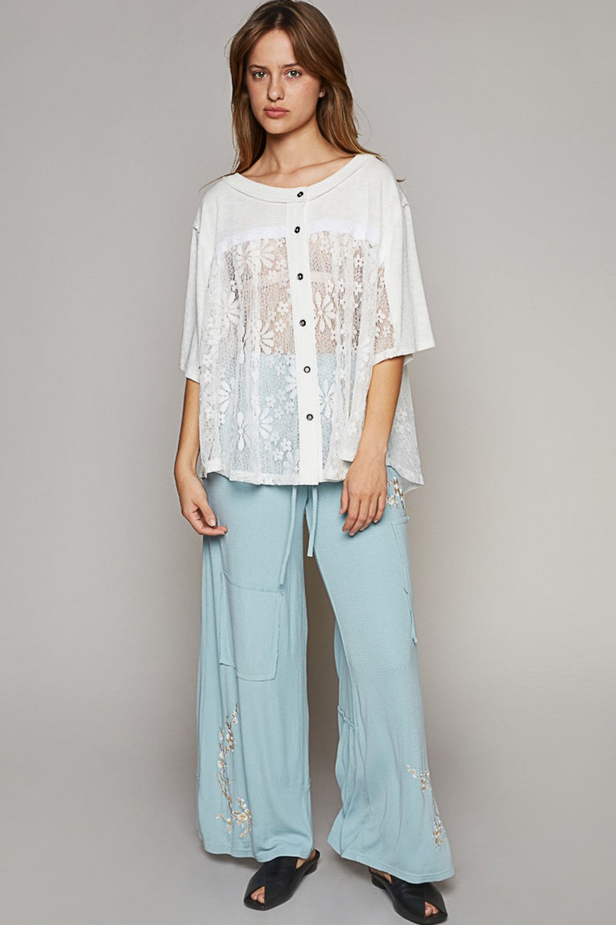 POL Round Neck Short Sleeve Lace Top - TopFashionHQ