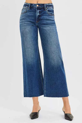 RISEN Full Size Mid Rise Crop Wide Raw Cut Hem Jeans Plus Size