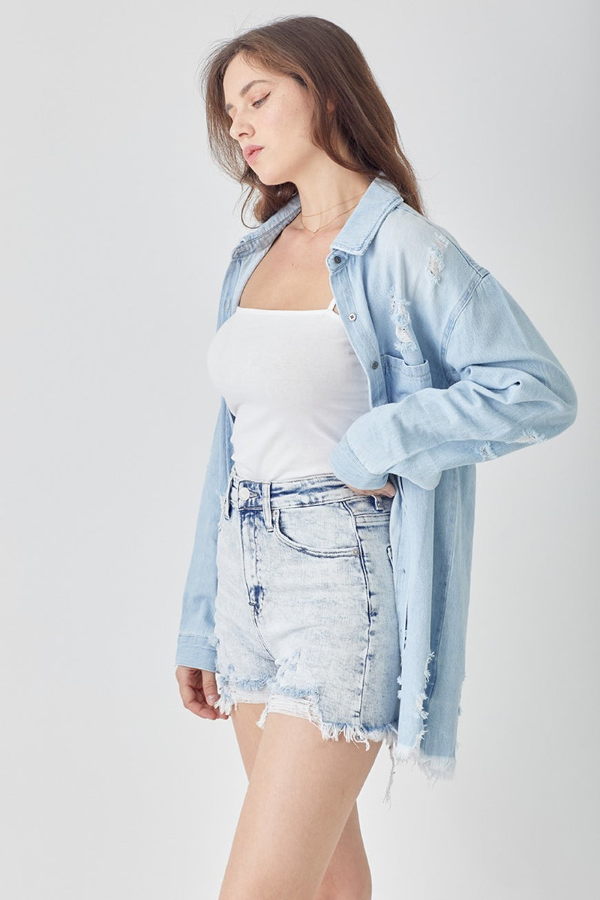 RISEN Raw Hem Distressed High Rise Denim Shorts - TopFashionHQ
