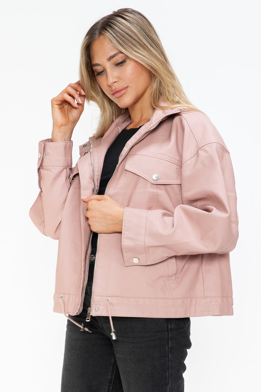 How Dare U Drawstring Hem PU Leather Zip Up Jacket - TopFashionHQ