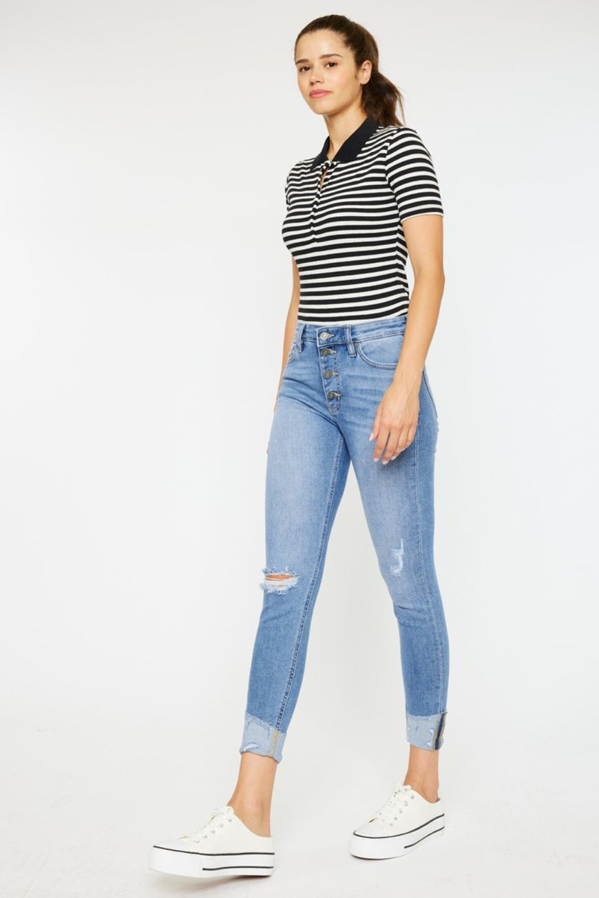 Kancan Distressed Cat's Whiskers Button Fly Jeans - TopFashionHQ