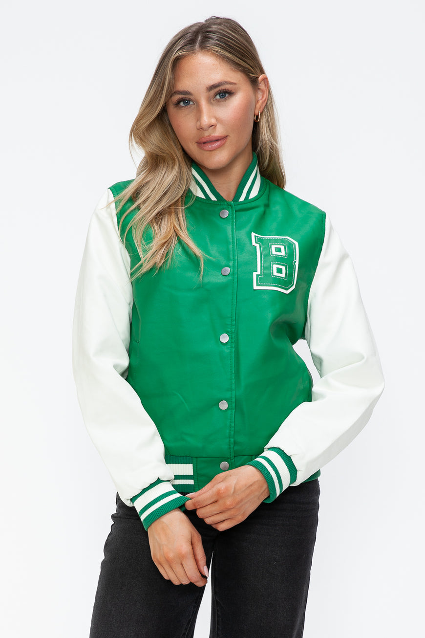 Love Me Now PU Leather Contrast Snap Down Bomber Jacket - TopFashionHQ