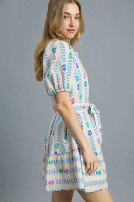 Umgee Printed Tie Waist Puff Short Sleeve Mini Dress