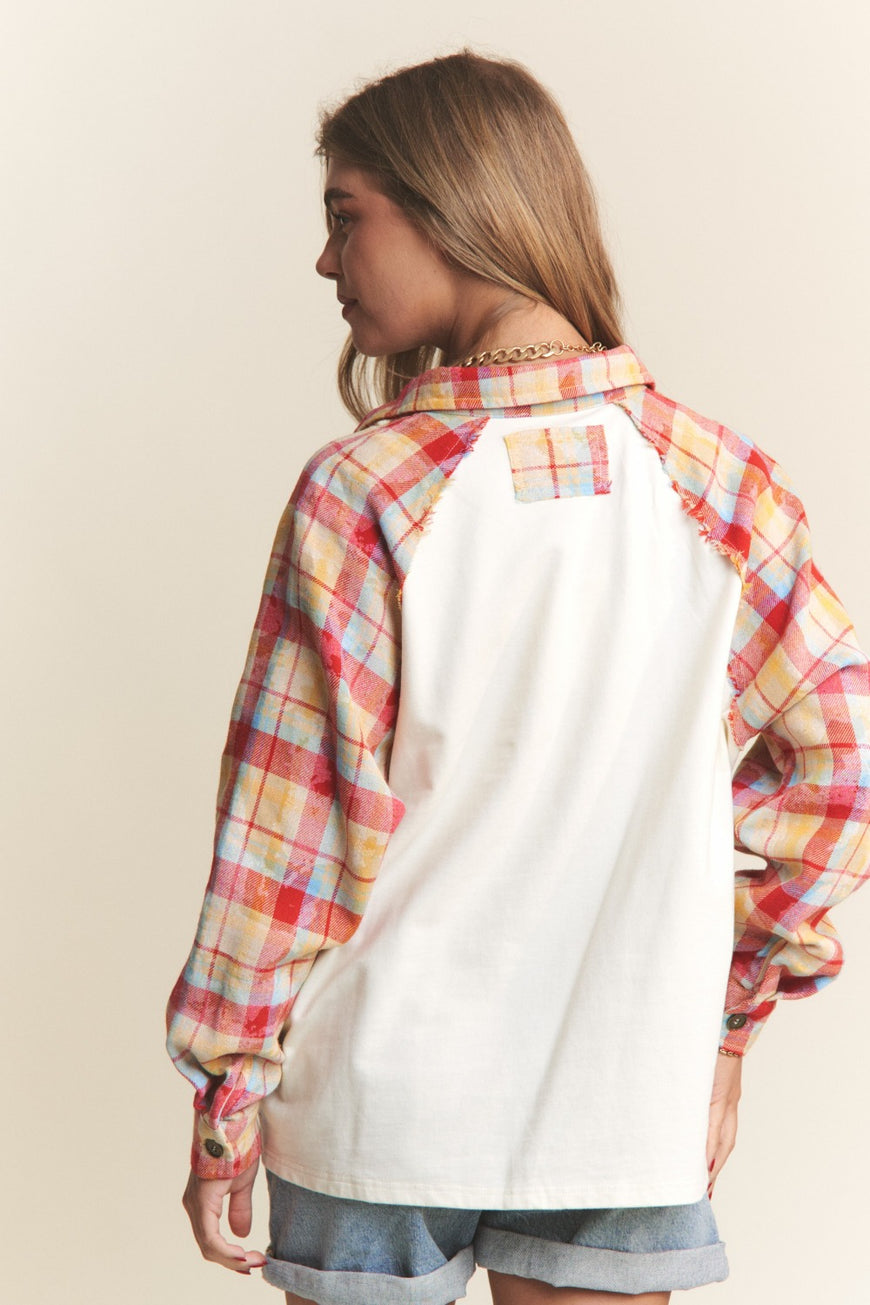 J.NNA Plaid Contrast Button Down Henley Top - TopFashionHQ