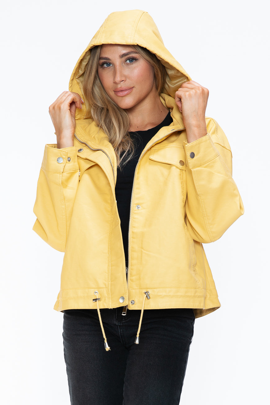 How Dare U Drawstring Hem PU Leather Zip Up Jacket - TopFashionHQ