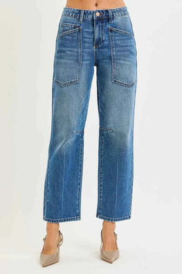RISEN 4 Way Stretch Mid Rise Barrel Jeans with Patch Pocket Detail