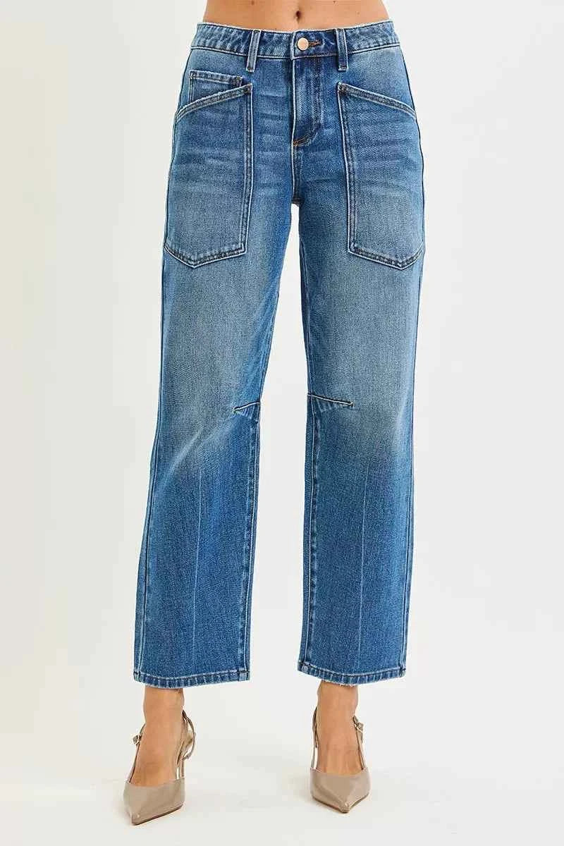 RISEN 4 Way Stretch Mid Rise Barrel Jeans with Patch Pocket Detail