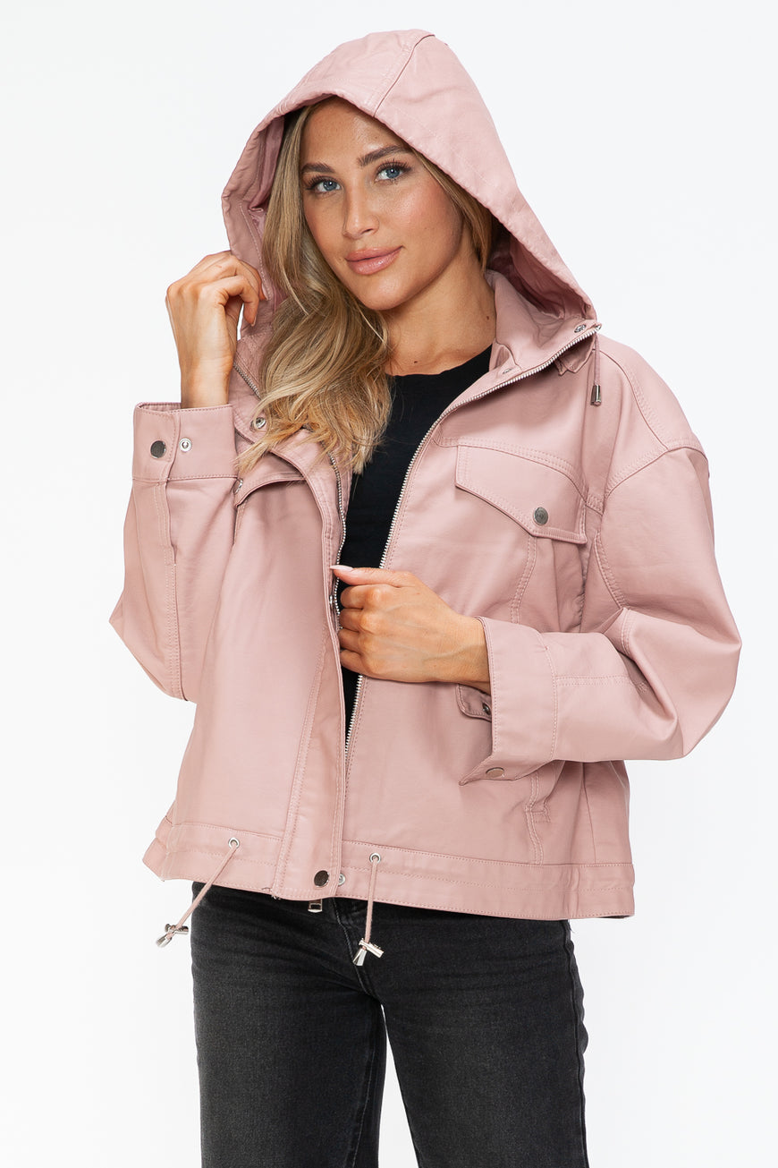 How Dare U Drawstring Hem PU Leather Zip Up Jacket - TopFashionHQ