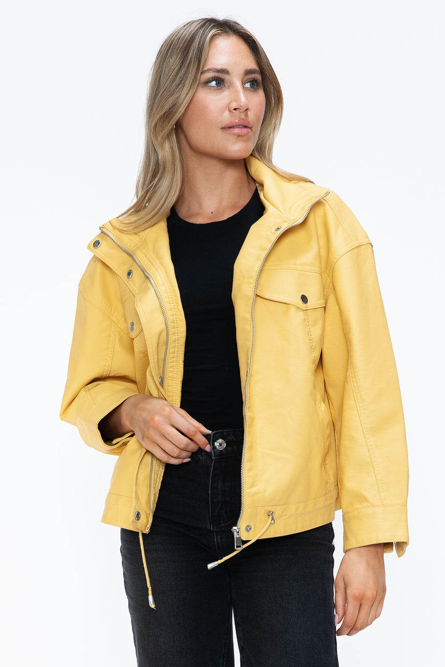 How Dare U Drawstring Hem PU Leather Zip Up Jacket - TopFashionHQ