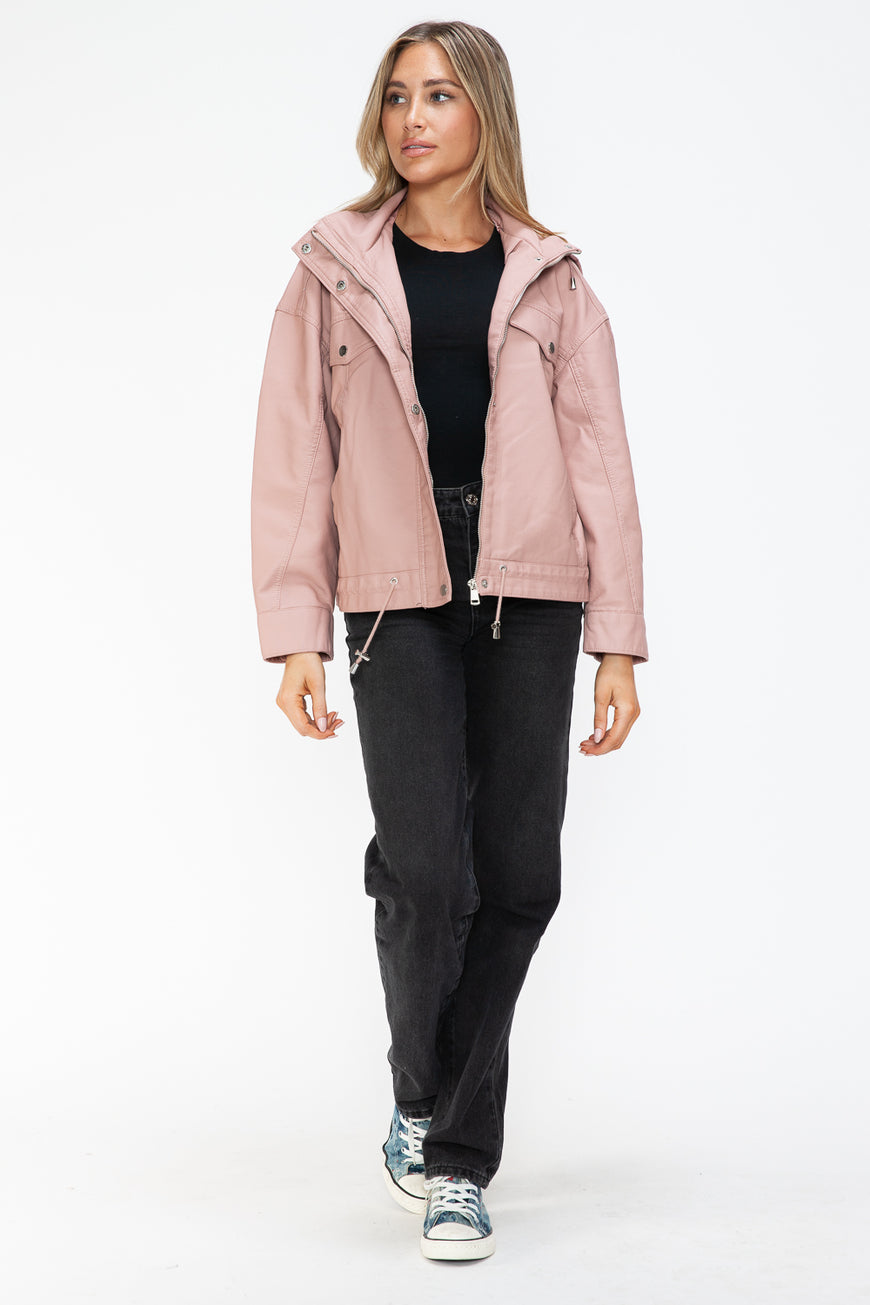 How Dare U Drawstring Hem PU Leather Zip Up Jacket - TopFashionHQ