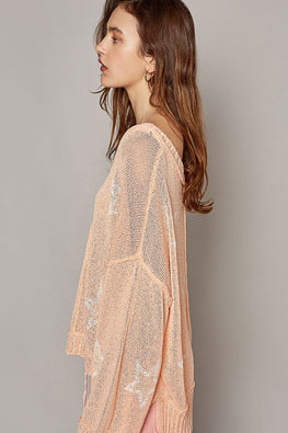 POL V-Neck Long Sleeve Star Print Knit Top - TopFashionHQ