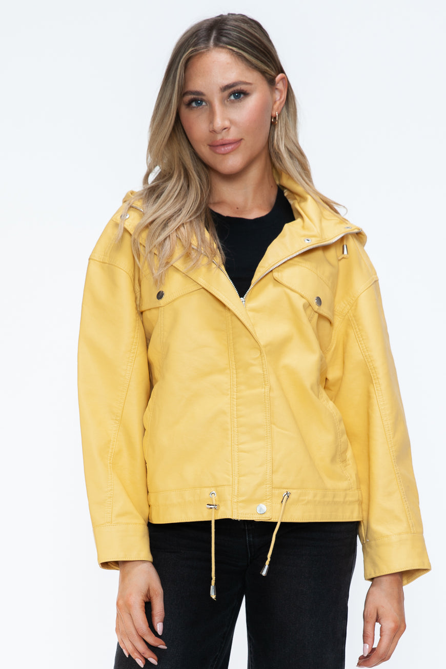 How Dare U Drawstring Hem PU Leather Zip Up Jacket - TopFashionHQ