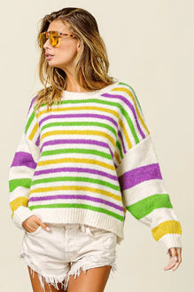 BiBi Mardi Gras Colors Stripe Comfy Sweater