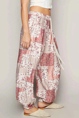 POL Drawstring Floral Patchwork Wide leg Pants