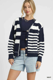 Umgee Cable-Knit Stripe Button-Up Cardigan