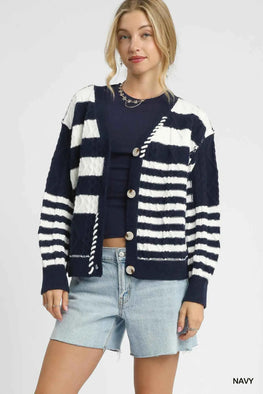 Umgee Cable-Knit Stripe Button-Up Cardigan