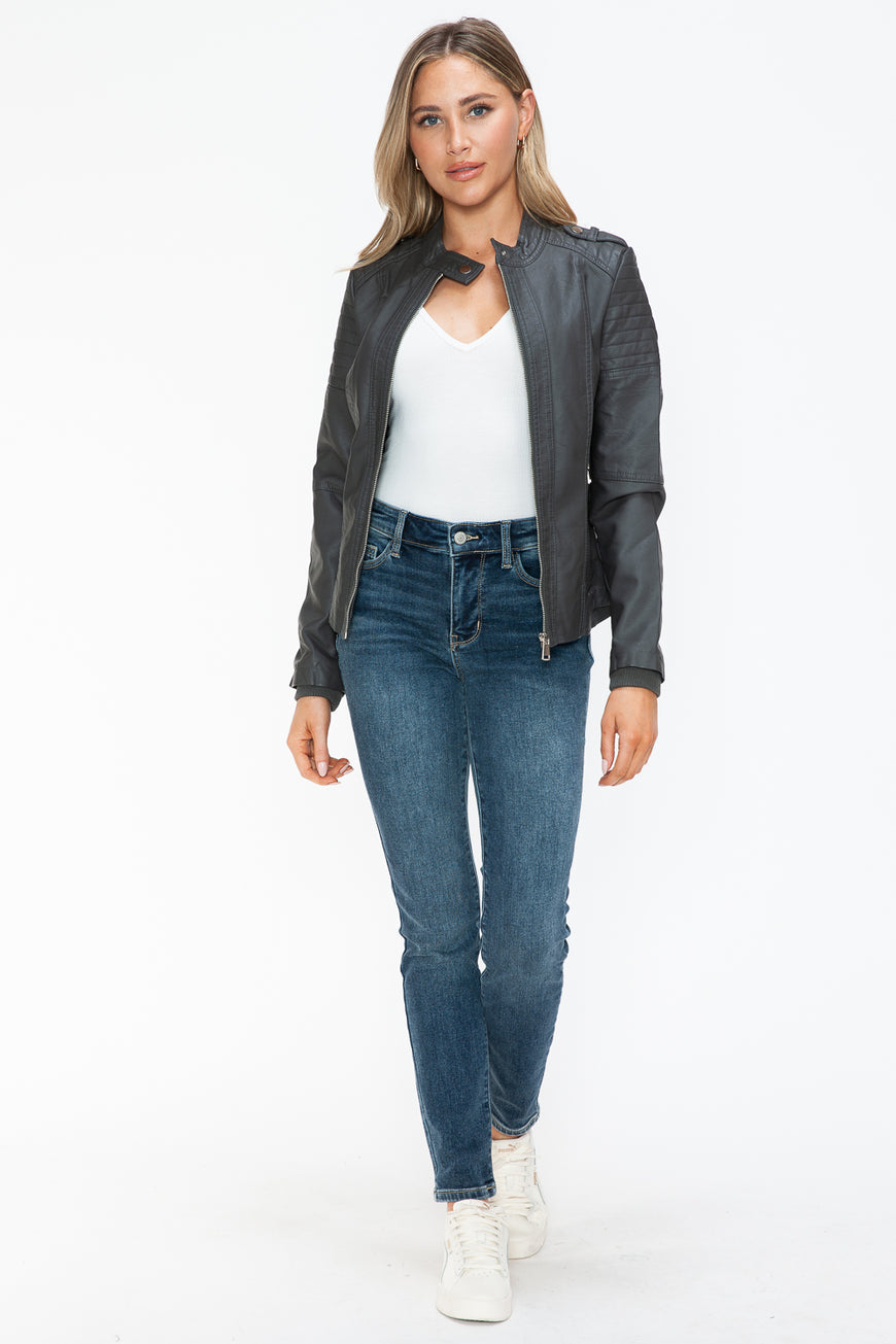 Snobbish PU Leather Biker Jacket with Side Zip Pockets - TopFashionHQ