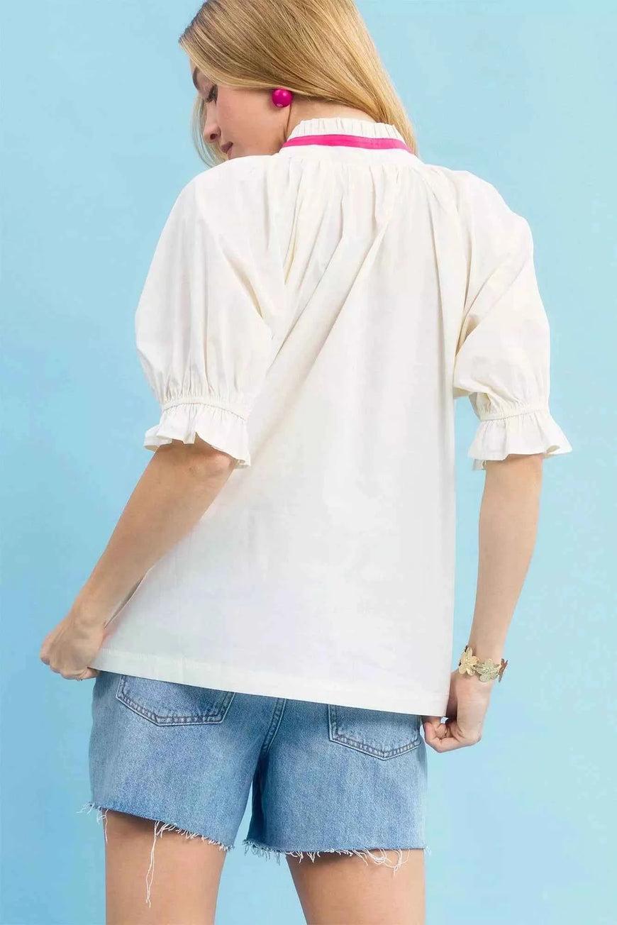 Umgee Embroidered Floral Top with Contrast Trim