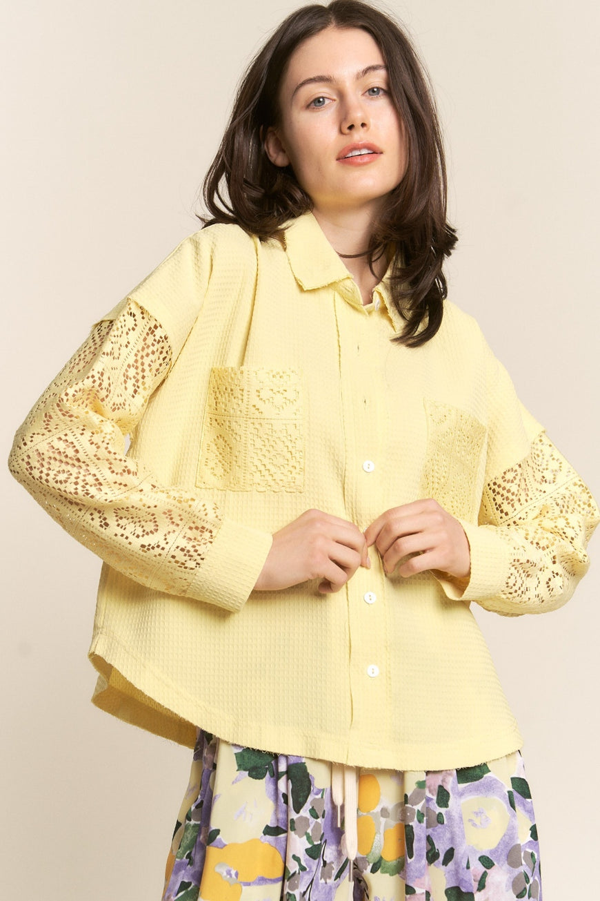 J.NNA Button Down Lace Long Sleeve Waffle Shirt - TopFashionHQ