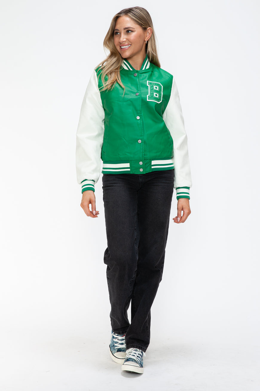 Love Me Now PU Leather Contrast Snap Down Bomber Jacket - TopFashionHQ