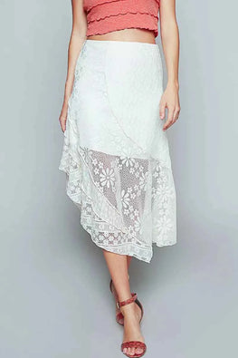 POL Ruffled Floral Lace Skirt with Unbalanced Hem