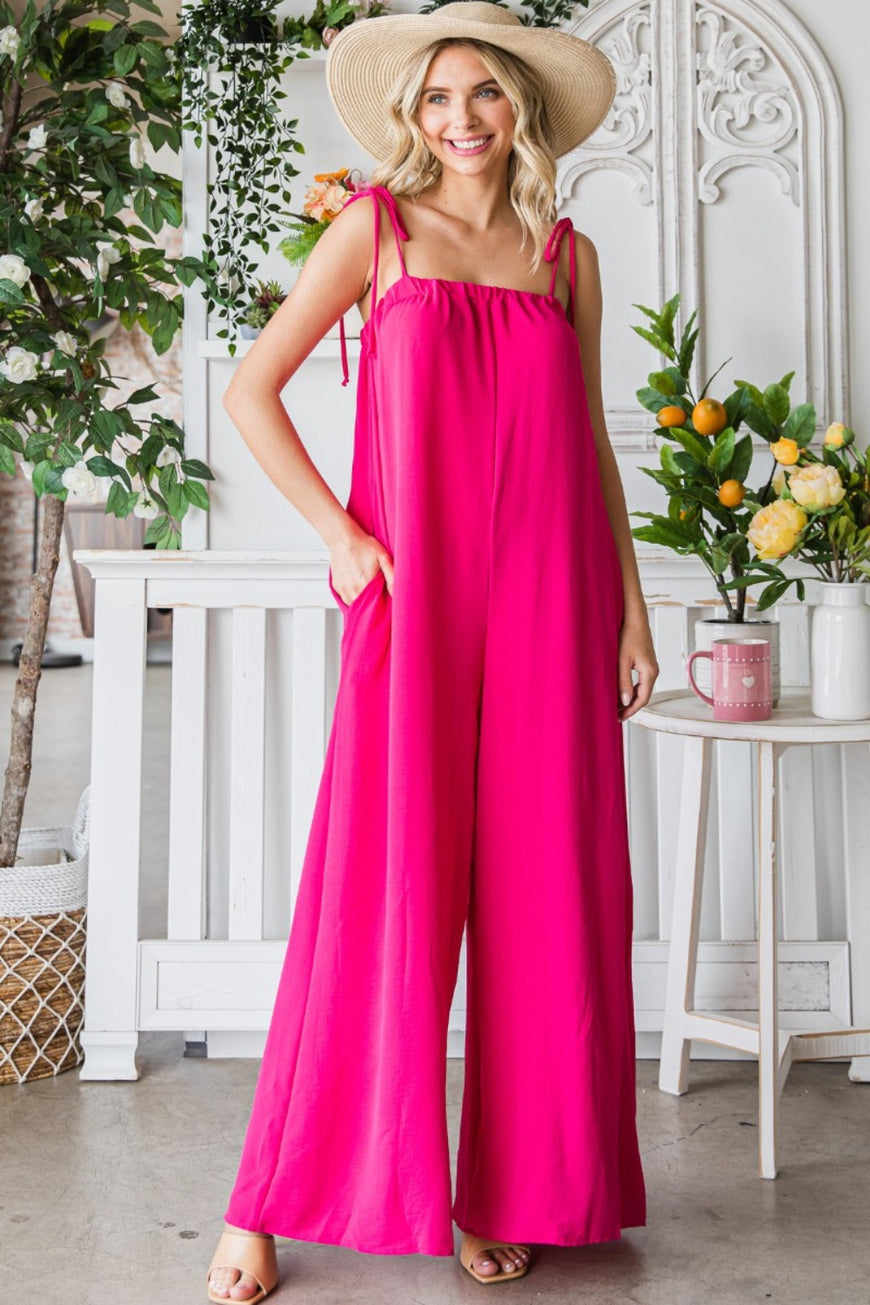 Veveret Pocketed Spaghetti Strap Wide Leg Jumpsuit