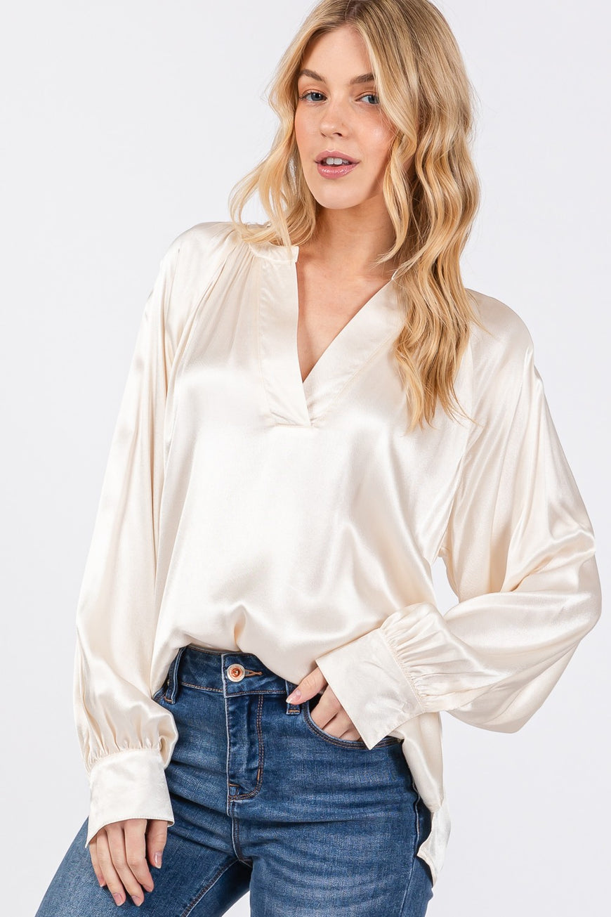 SAGE + FIG Notched Long Sleeve Blouse - TopFashionHQ