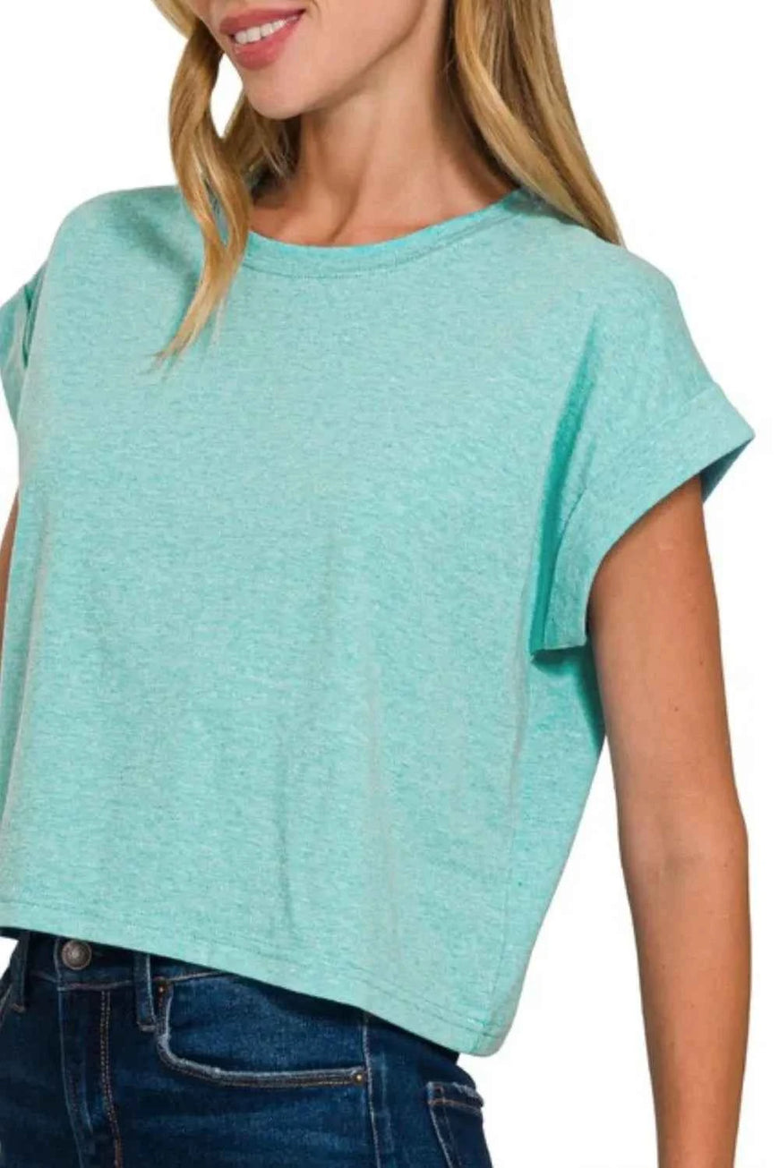Zenana Rolled Sleeve Crop T-Shirt